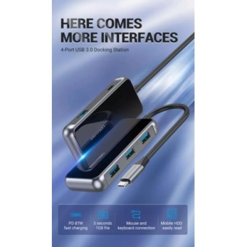 Концентратор Vention USB 3.1 Type-C to 4хUSB 3.0/PD 87W 5-in-1 Gray Mirrored Surface (TFDHB)