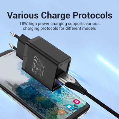 Зарядное устройство Vention 1xUSB 18W (USB-A) QC3.0 black (FABB0-EU)