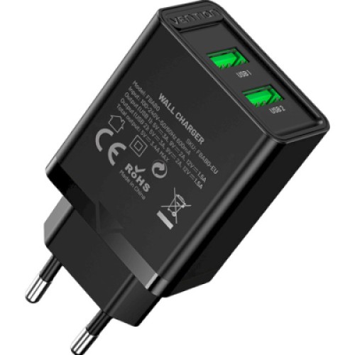 Зарядное устройство Vention 2xUSB 36W (2xUSB-A) QC3.0 black (FBAB0-EU)