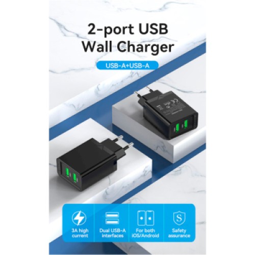 Зарядное устройство Vention 2xUSB 36W (2xUSB-A) QC3.0 black (FBAB0-EU)