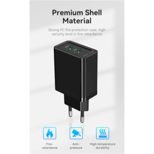 Зарядное устройство Vention 2xUSB 36W (2xUSB-A) QC3.0 black (FBAB0-EU)