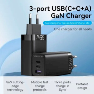 Зарядное устройство Vention 3xUSB 65W (2xUSB-C+USB-A) PD3.0+QC4.0 black (FEDB0-EU)