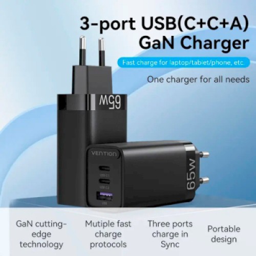 Зарядное устройство Vention 3xUSB 65W (2xUSB-C+USB-A) PD3.0+QC4.0 black (FEDB0-EU)