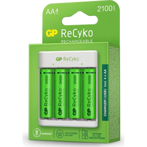 Зарядное устройство для аккумуляторов Gp ReCyko 4-Slot E411 USB Charger (w/ 4's 2100mAh AA Batteries) (GPE411 210AAHCN-2B4)