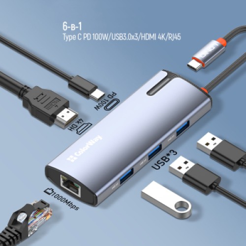 Порт-репликатор ColorWay Docking Station USB-C 6-в-1 Type C PD 100W/USB3.0х3/HDMI 4К/RJ45 (CW-HUB02)
