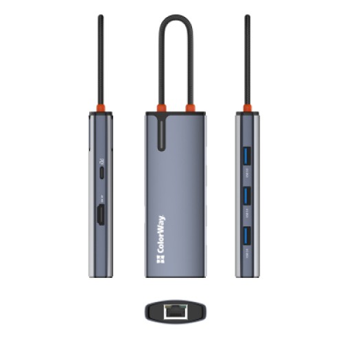 Порт-репликатор ColorWay Docking Station USB-C 6-в-1 Type C PD 100W/USB3.0х3/HDMI 4К/RJ45 (CW-HUB02)
