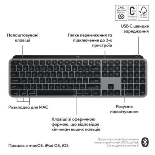 Клавиатура Logitech MX Keys S для MAC Bluetooth/Wireless UA Space Grey (920-011637)