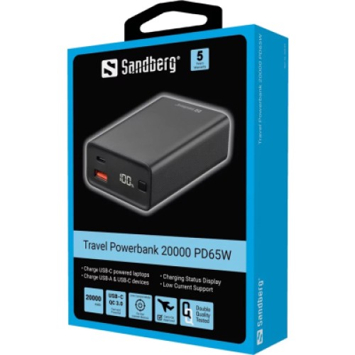 Батарея универсальная Sandberg 20000mAh, PD/65W, QC/3.0, low carrent mode, +cable 100W (420-95)