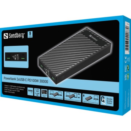Батарея универсальная Sandberg 30000mAh, PD/100W, QC/3.0, UPS mode, +2*cable 100W (420-87)
