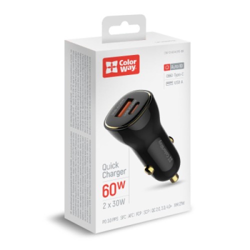 Зарядное устройство ColorWay PowerDelivery PPS USB (USB-A + USB-C) (60W) Black (CW-CHA046PD-BK)