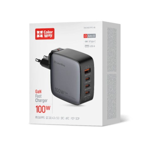 Зарядное устройство ColorWay Power Delivery GaN (USB-A + 3USB TYPE-C) (100W) (CW-CHS047PD-BK)