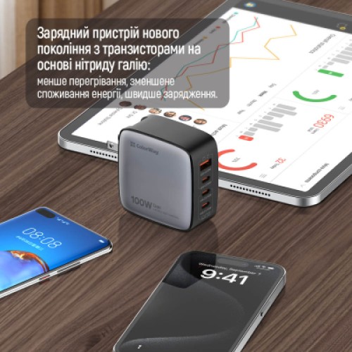 Зарядное устройство ColorWay Power Delivery GaN (USB-A + 3USB TYPE-C) (100W) (CW-CHS047PD-BK)
