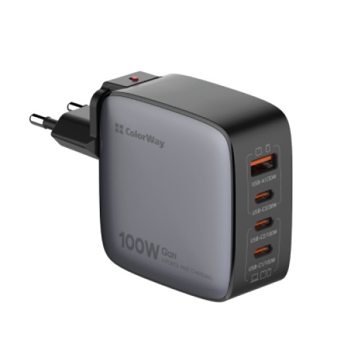 Зарядное устройство ColorWay Power Delivery GaN (USB-A + 3USB TYPE-C) (100W) (CW-CHS047PD-BK)