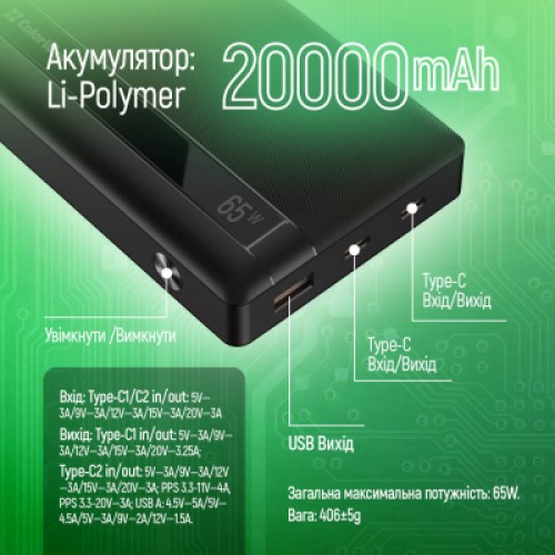 Батарея универсальная ColorWay 20 000 mAh PD/65W, QC/3.0, black (CW-PB200LPA3BK-PDD)