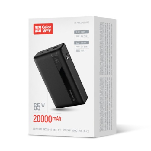 Батарея универсальная ColorWay 20 000 mAh PD/65W, QC/3.0, black (CW-PB200LPA3BK-PDD)