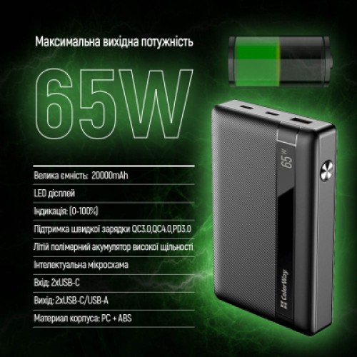 Батарея универсальная ColorWay 20 000 mAh PD/65W, QC/3.0, black (CW-PB200LPA3BK-PDD)