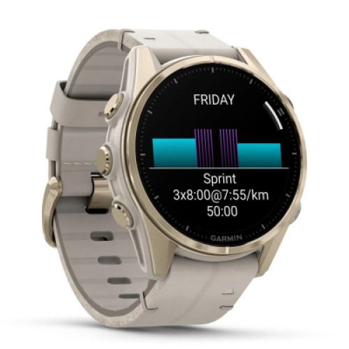 Смарт-часы Garmin fenix 8 43mm, AMOLED, Saph, SftGldSS/FogGryLeatherBnd, Excl, GPS (010-02903-40)