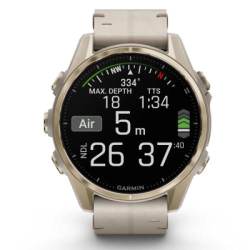 Смарт-часы Garmin fenix 8 43mm, AMOLED, Saph, SftGldSS/FogGryLeatherBnd, Excl, GPS (010-02903-40)