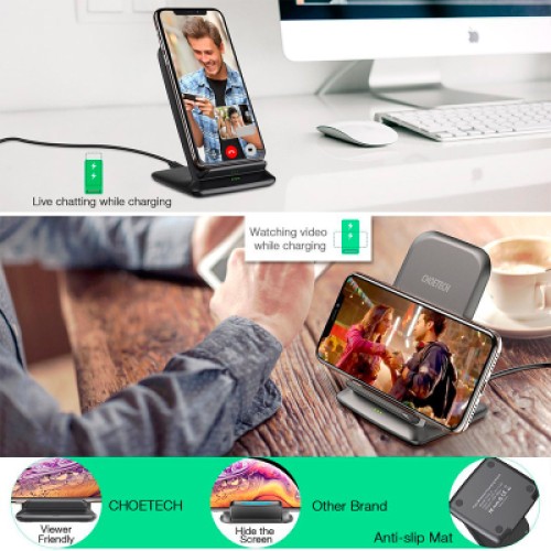 Зарядное устройство Choetech 15W Fast Wireless Charging Stand 2coils black (T555-F-BK)