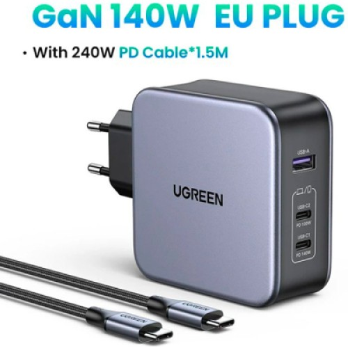 Зарядное устройство Ugreen 3xUSB 140W (2хUSB-C+USB-A) Gan CD289 with C to C Cable 1.5m (90549)