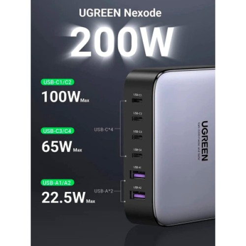 Зарядное устройство Ugreen 6xUSB 200W (4хUSB-C+2xUSB-A) Gan CD271 (40914)