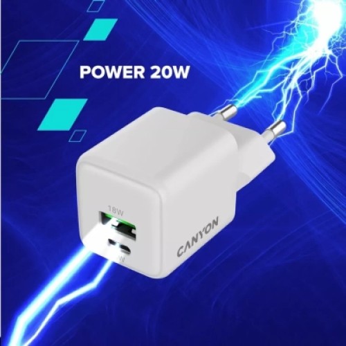 Зарядное устройство Canyon CU20AC GaN 20W 1xPD 1xQC EU White (CNS-CUW20AC)