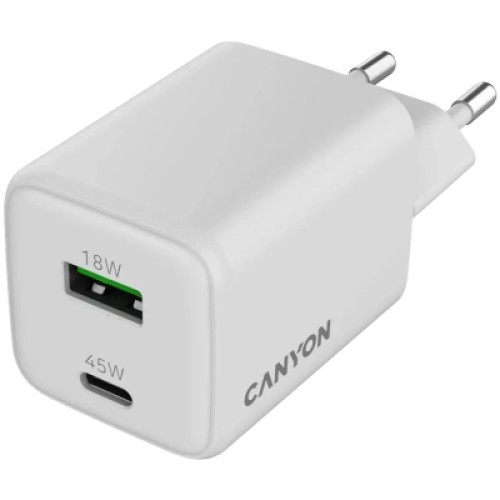 Зарядное устройство Canyon CU45AC GaN 45W 1xPD 1xQC EU White (CNS-CUW45AC)
