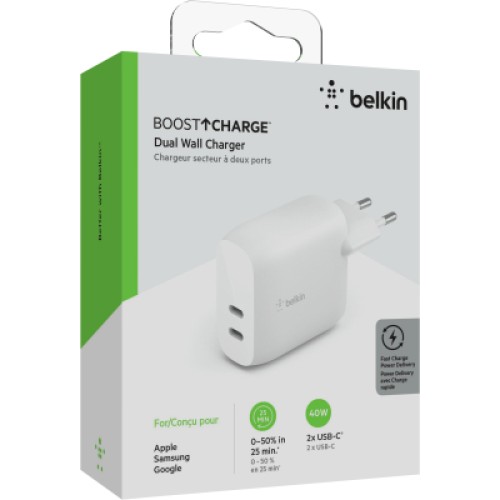 Зарядное устройство Belkin 40W 2хUSB-С PD white (WCB006VFWH)
