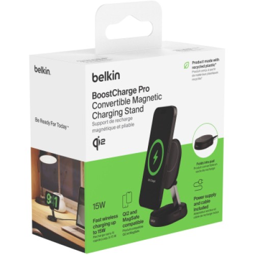 Зарядное устройство Belkin 15W Magnetic Stand Qi2 20W adapter USB-C black (WIA008VFBK)
