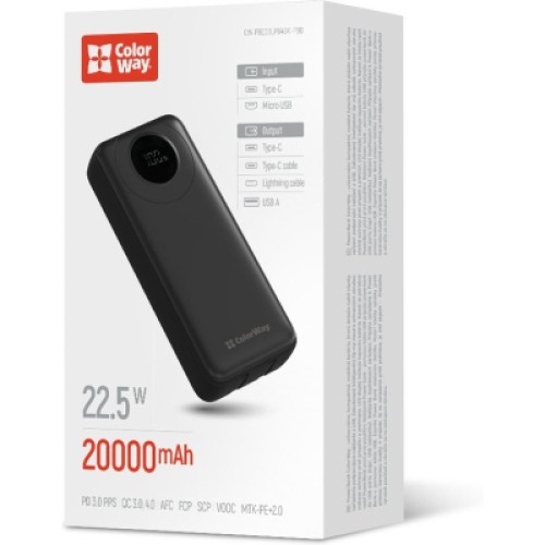 Батарея универсальная ColorWay 20 000 mAh EnergyPlus PD/18W, QC3.0/22.5W, Black (CW-PB200LPB4BK-PDD)