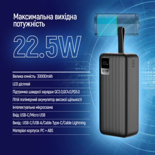 Батарея универсальная ColorWay 30 000 mAh PD/18W, QC3.0/22.5, Digital Display, Black (CW-PB300LPC5BK-PDD)