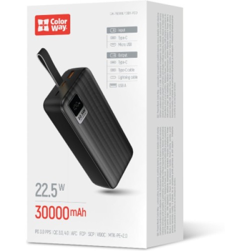 Батарея универсальная ColorWay 30 000 mAh PD/18W, QC3.0/22.5, Digital Display, Black (CW-PB300LPC5BK-PDD)