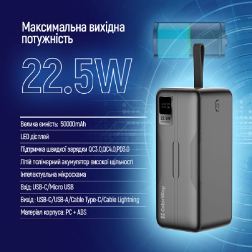 Батарея универсальная ColorWay 50 000 mAh PD/18W, QC3.0/22.5, Digital Display, Black (CW-PB500LPC5BK-PDD)