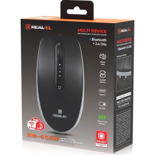 Мышка REAL-EL RM-455W Wireless/Bluetooth Black/Gray (EL123200047)