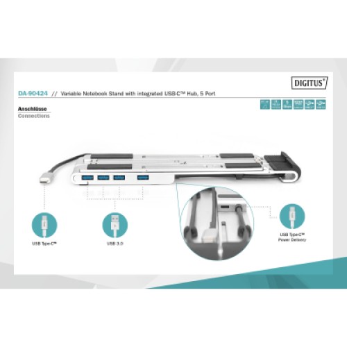 Подставка для ноутбука Digitus Variable Notebook Stand, до 17", USB-C Dock 5-Port (DA-90424)