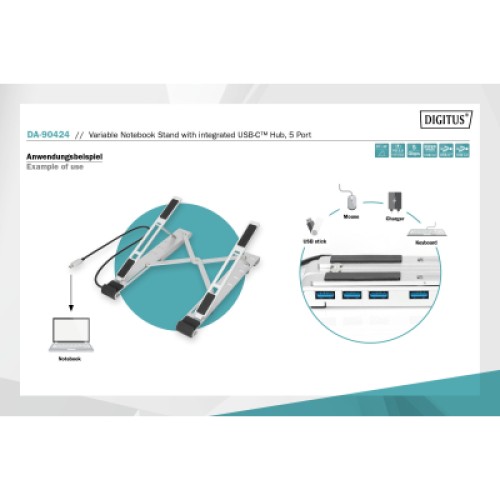Подставка для ноутбука Digitus Variable Notebook Stand, до 17", USB-C Dock 5-Port (DA-90424)