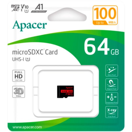 Карта памяти Apacer 64GB microSD class 10 UHS-I V10 A1 (AP64GMCSX10UB-RA)