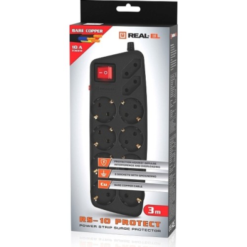 Сетевой фильтр питания REAL-EL REAL-EL RS-10 Protect, 3m, black (EL122300039)