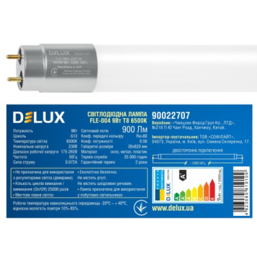 Лампочка Delux FLE-004 9 Вт 0,6м T8 6500K 230В G13 скло (90022707)