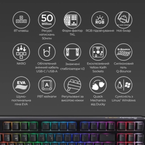 Клавиатура Ducky One 3 TKL Cherry MX Blue RGB UA USB Black (DKON2187ST-CUAPXCLAWSC1)