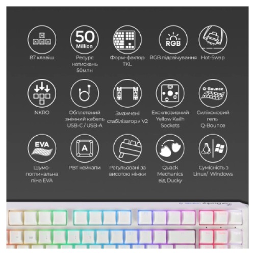 Клавиатура Ducky One 3 TKL Cherry MX Red RGB UA USB White (DKON2187ST-RUAPXPWWWSC1)