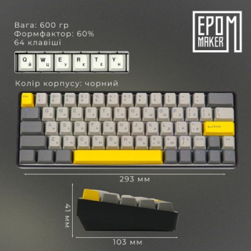 Клавиатура Epomaker EP64 60 Mulan Switch Hot-Swap RGB Wireless/Bluetooth/USB UA Black (EP64-B-M)