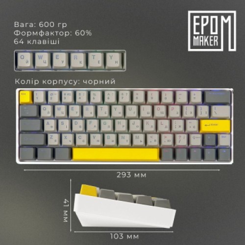 Клавиатура Epomaker EP64 60 Mulan Switch Hot-Swap RGB Wireless/Bluetooth/USB UA White (EP64-W-M)