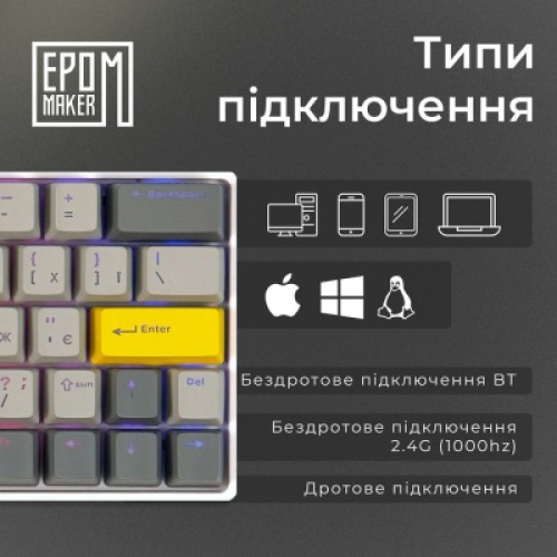 Клавиатура Epomaker EP64 60 Mulan Switch Hot-Swap RGB Wireless/Bluetooth/USB UA White (EP64-W-M)