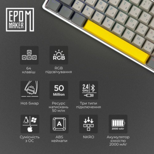 Клавиатура Epomaker EP64 60 Mulan Switch Hot-Swap RGB Wireless/Bluetooth/USB UA White (EP64-W-M)