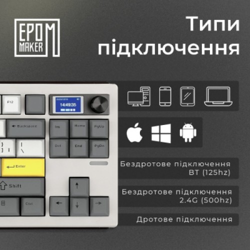 Клавиатура Epomaker Shadow-S TKL Mulan Switch Hot-Swap LCD Screen RGB Wireless/Bluetooth/USB UA White (SHS-W-M)