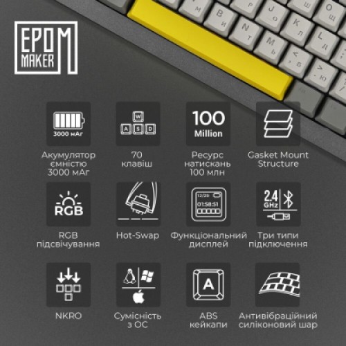 Клавиатура Epomaker Shadow-X 70 Flamingo Switch Hot-Swap LCD Screen RGB Wireless/Bluetooth/USB UA Black (SHX-B-F)