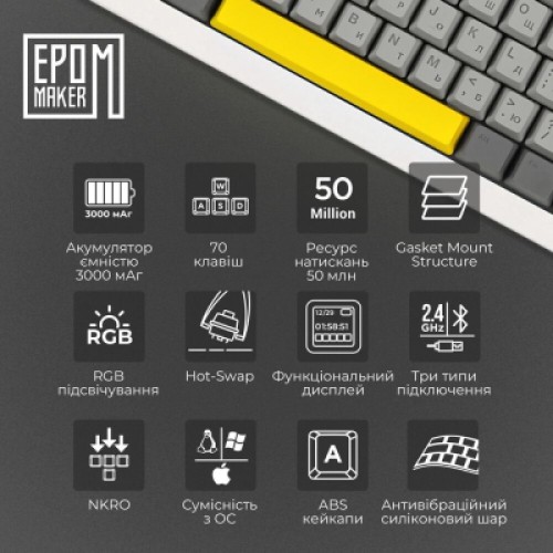 Клавиатура Epomaker Shadow-X 70 Wisteria Linear Switch Hot-Swap LCD Screen RGB Wireless/Bluetooth/USB UA White (SHX-W-WL)