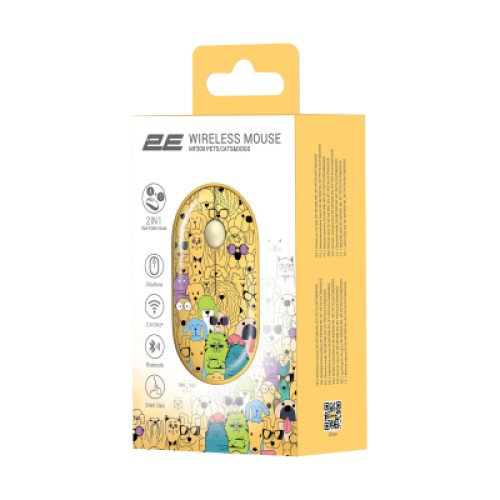 Мышка 2E MF300 PETSCATS&DOGS Silent Wireless/Bluetooth Yellow (2E-MF300WPETSYW)