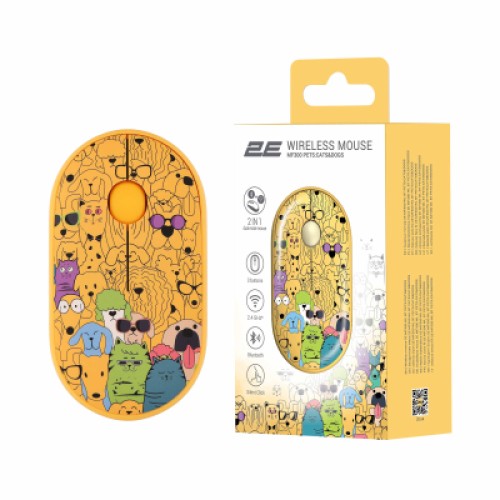 Мышка 2E MF300 PETSCATS&DOGS Silent Wireless/Bluetooth Yellow (2E-MF300WPETSYW)